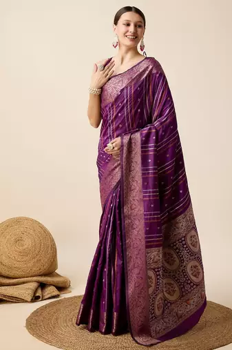 Purple woven embellished self design pure silk kanjivaram saree with blouse