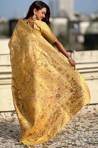 Gold woven zari floral & traditional motifs work silk blend fabric  traditional festive style