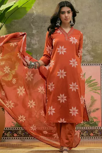 Rust printed kurta with trousers & dupatta set