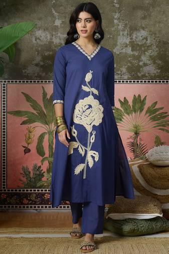 Blue  plain kurta with trousers & dupatta set