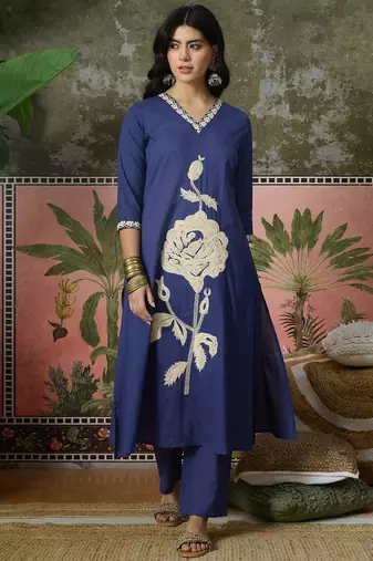 Blue  plain kurta with trousers & dupatta set