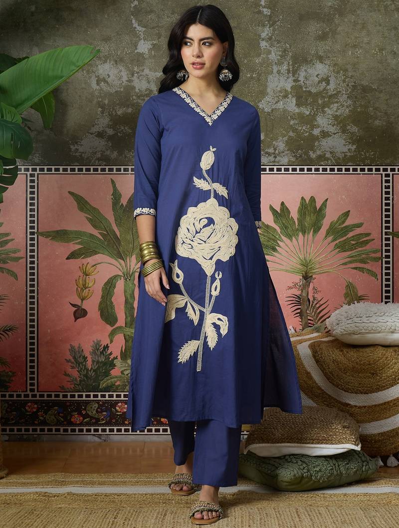 Blue  plain kurta with trousers & dupatta set