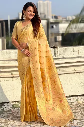 Gold woven zari floral & traditional motifs work silk blend fabric  traditional festive style