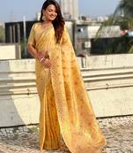 Gold woven zari floral & traditional motifs work silk blend fabric  traditional festive style