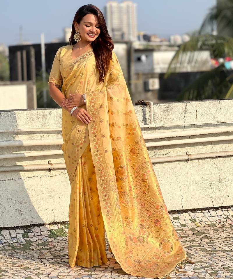 Gold woven zari floral & traditional motifs work silk blend fabric  traditional festive style