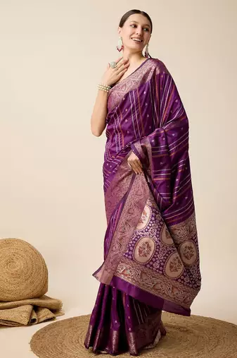 Purple woven embellished self design pure silk kanjivaram saree with blouse