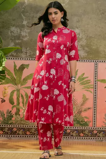Pink printed kurta with trousers set