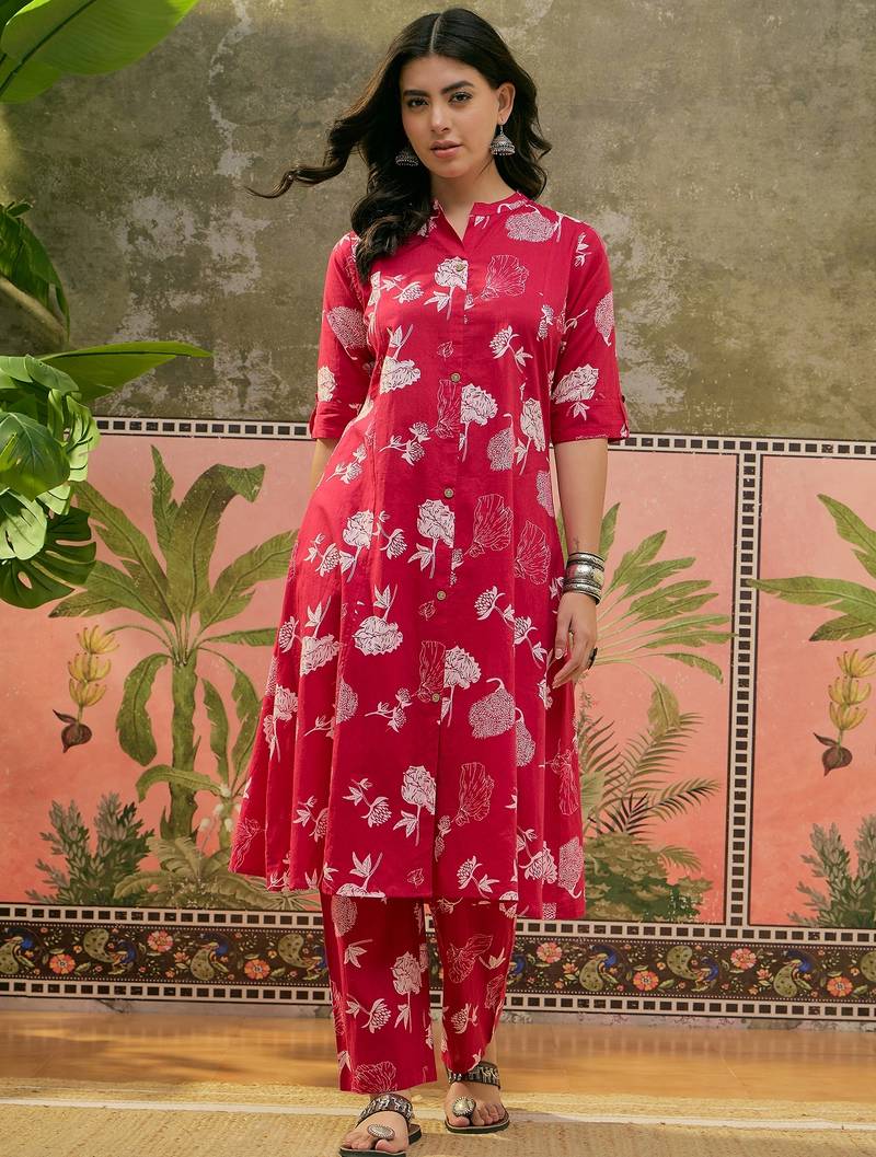 Pink printed kurta with trousers set
