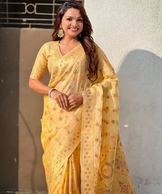 Gold woven zari floral & traditional motifs work silk blend fabric  traditional festive style 4