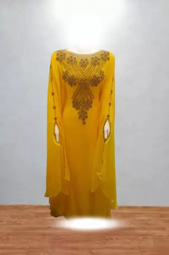 Luxurious Yellow Kaftan With Gold Work Stitched Dress
