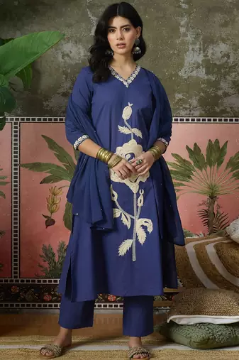 Blue  plain kurta with trousers & dupatta set