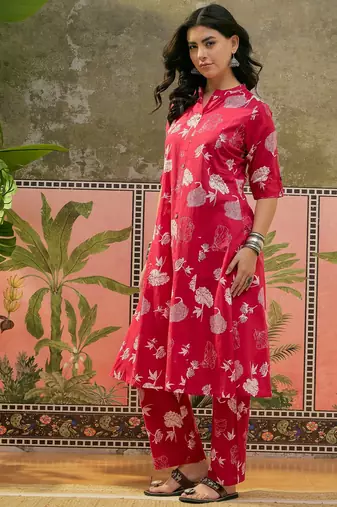 Pink printed kurta with trousers set