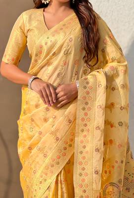 Gold woven zari floral & traditional motifs work silk blend fabric  traditional festive style 5