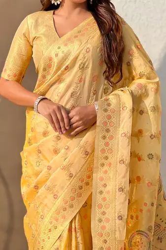 Gold woven zari floral & traditional motifs work silk blend fabric  traditional festive style