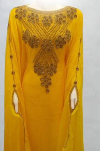 Luxurious Yellow Kaftan With Gold Work Stitched Dress