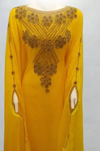 Luxurious Yellow Kaftan With Gold Work Stitched Dress