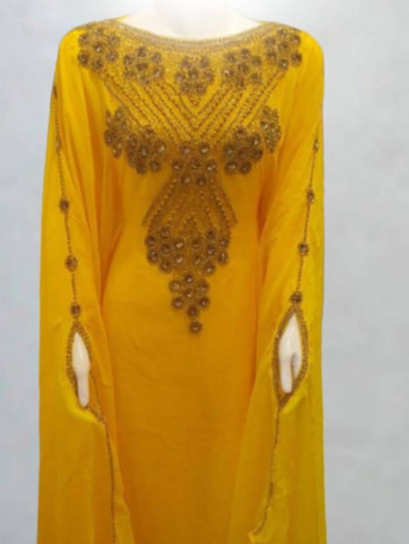 Luxurious Yellow Kaftan With Gold Work Stitched Dress