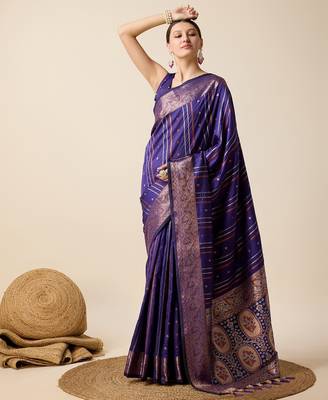 Royal blue woven embellished self design silk blend saree with blouse 1