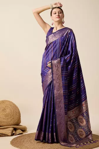 Royal blue woven embellished self design pure silk kanjivaram saree with blouse