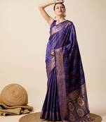 Royal blue woven embellished self design pure silk kanjivaram saree with blouse