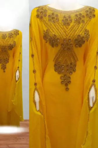 Luxurious Yellow Kaftan With Gold Work Stitched Dress