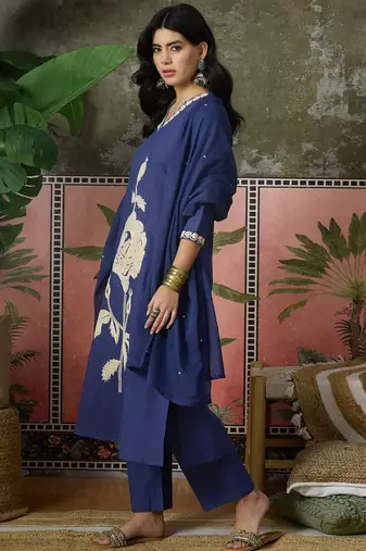 Blue  plain kurta with trousers & dupatta set