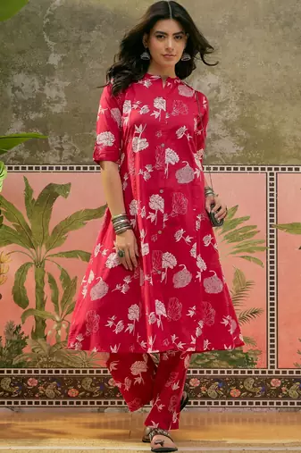 Pink printed kurta with trousers set