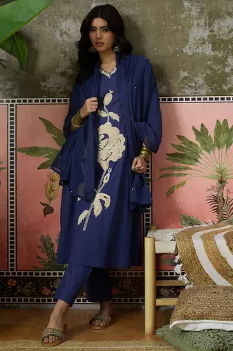 Blue  plain kurta with trousers & dupatta set