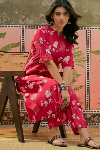 Pink printed kurta with trousers set
