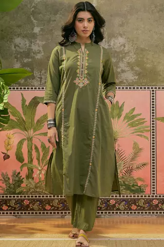 Mehndi green printed kurta with trousers & dupatta set