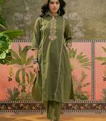 Mehndi green printed kurta with trousers & dupatta set