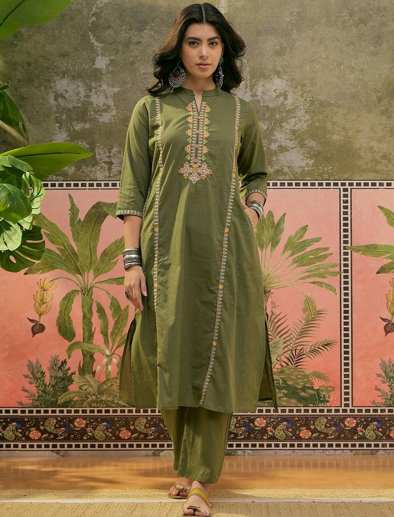 Mehndi green printed kurta with trousers & dupatta set