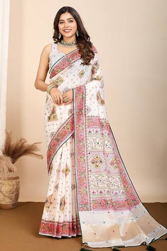 White printed woven cotton silk kalamkari saree with blouse