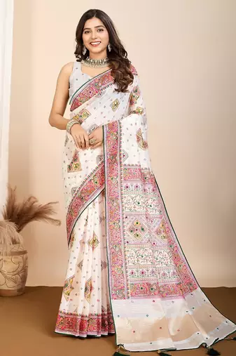 White printed woven cotton silk kalamkari saree with blouse