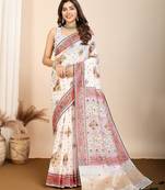 White printed woven cotton silk kalamkari saree with blouse