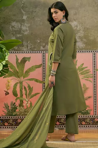 Mehndi green printed kurta with trousers & dupatta set