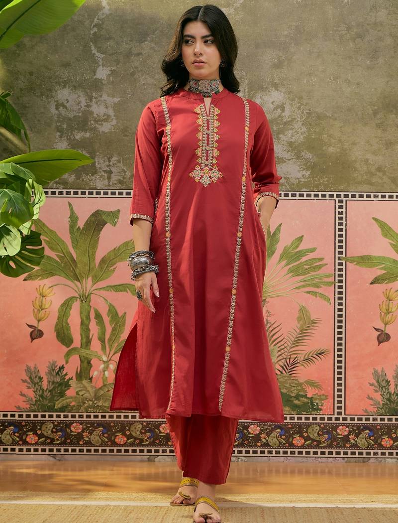 Maroon printed kurta with trousers & dupatta set