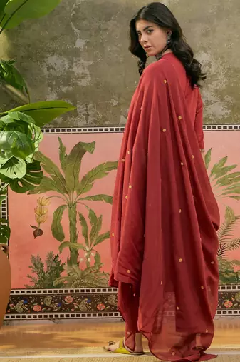 Maroon printed kurta with trousers & dupatta set