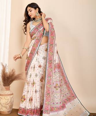 White printed woven cotton silk kalamkari saree with blouse 2