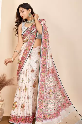 White printed woven cotton silk kalamkari saree with blouse