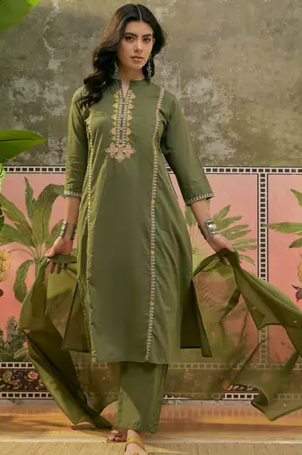 Mehndi green printed kurta with trousers & dupatta set
