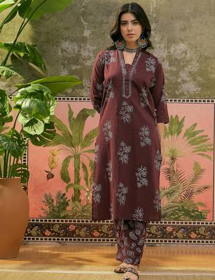 Chocolate brown printed kurta with trousers & dupatta set 1