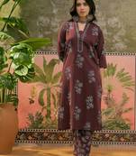Chocolate brown printed kurta with trousers & dupatta set