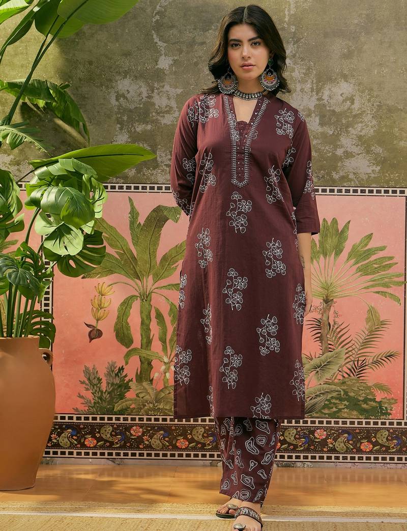 Chocolate brown printed kurta with trousers & dupatta set