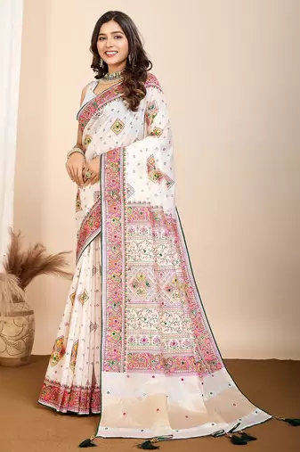 White printed woven cotton silk kalamkari saree with blouse