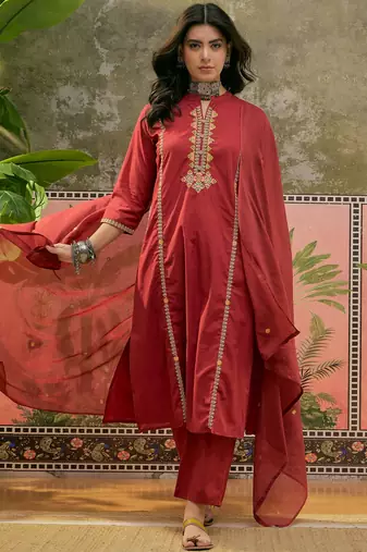 Maroon printed kurta with trousers & dupatta set