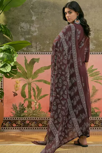 Chocolate brown printed kurta with trousers & dupatta set