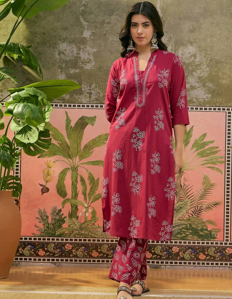 Maroon printed kurta with trousers & dupatta set