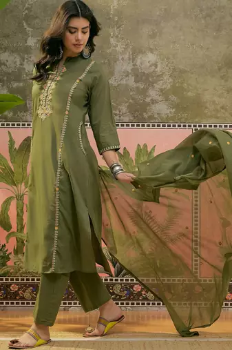 Mehndi green printed kurta with trousers & dupatta set