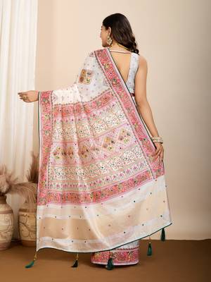 White printed woven cotton silk kalamkari saree with blouse 4